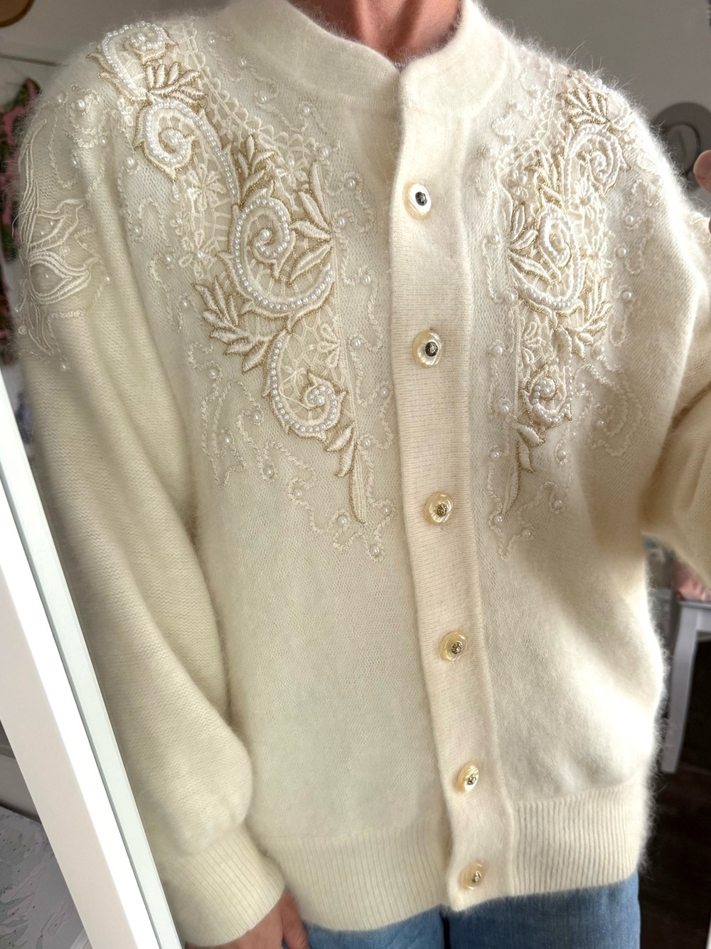 Vintage Angora Cardigan Pearl Embroidered Ivory Korean 80s 90s Sweater